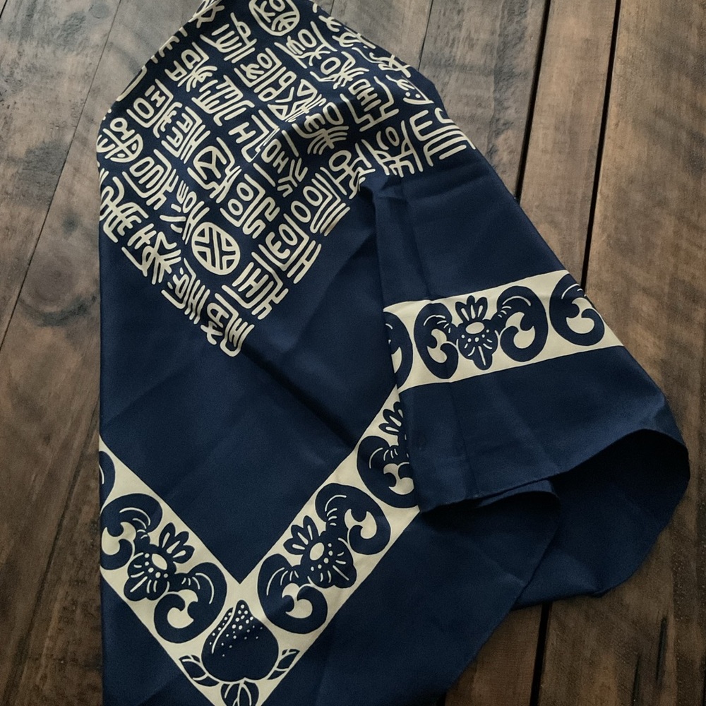 Vintage Navy Blue & Cream Square Print Scarf with Asian Design